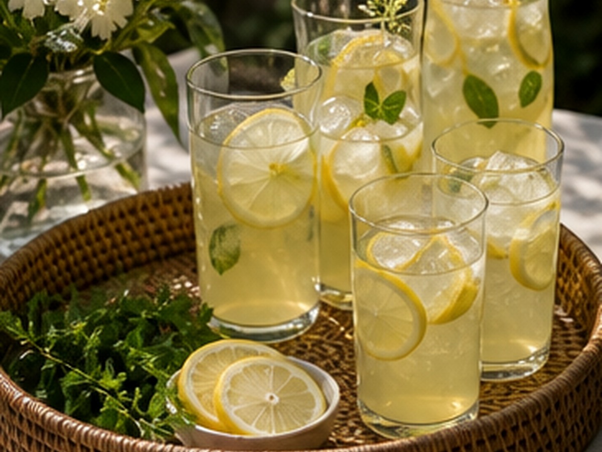 handled woven serving tray carrying tall citrus drinks to an outdoor table