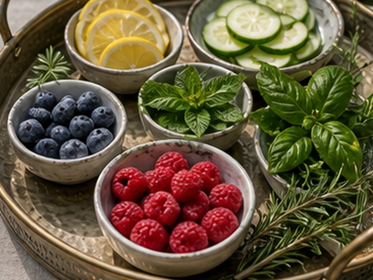 round rimmed garnish tray holding separate bowls of citrus, cucumber, berries, and fresh mint