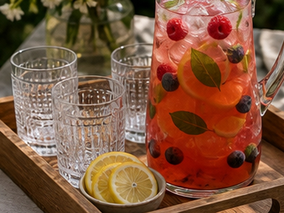 small metal tray organizing syrup bottles, citrus, and bar tools on a lightly styled cart