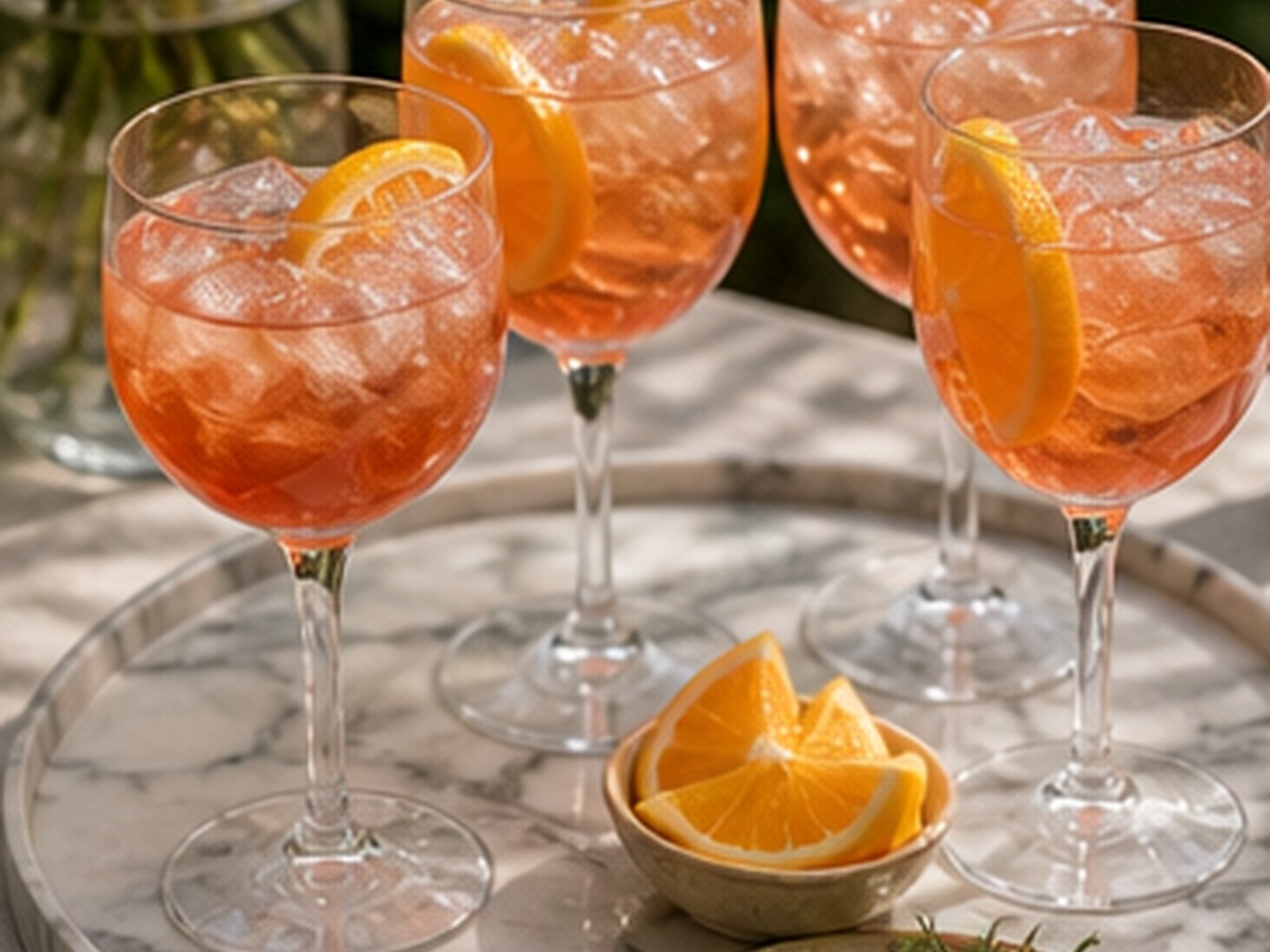 clear pitcher and four peach drinks arranged on a simple rimmed serving tray