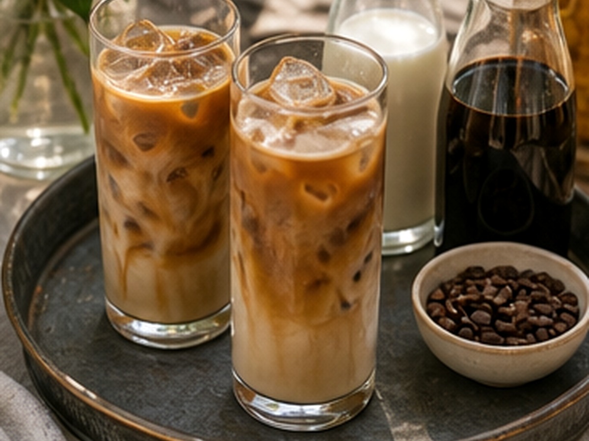 coffee drink tray with fully mixed iced coffee, glasses, syrup, and napkins