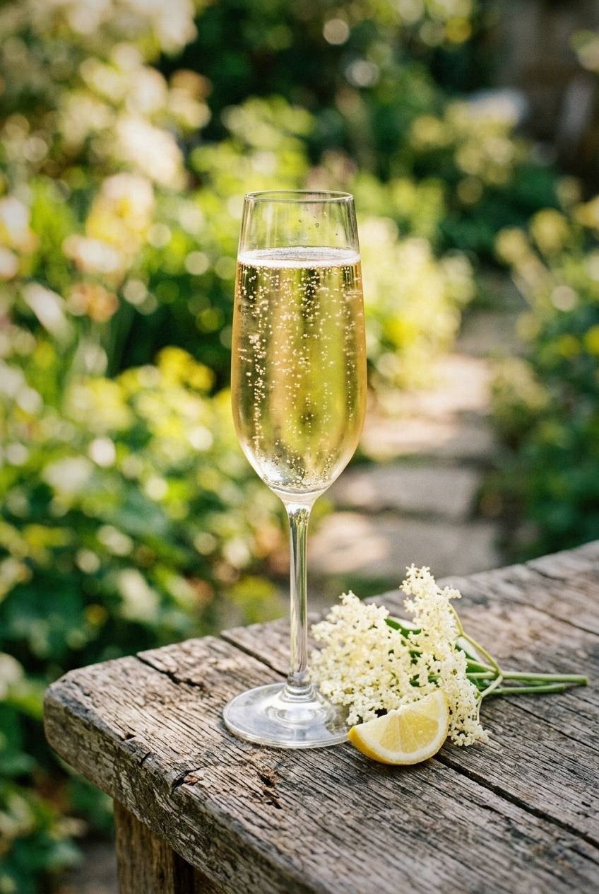 Golden elderflower champagne in a tall clear glass with tiny bubbles rising, fresh elderflower blossoms on a weathered oak table, bright spring garden light