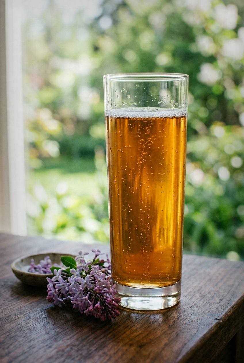 Honey-gold lilac mead in a tall glass with fine bubbles, fresh lilac blossoms on a dark walnut table, soft window light with green garden outside