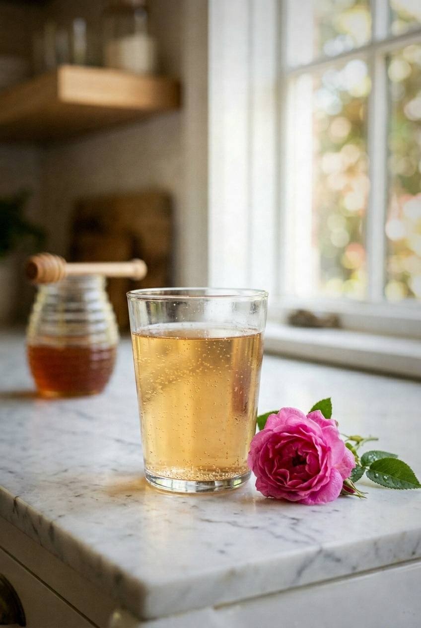 Rose jun tea in a clear glass on a bright marble countertop, a fresh damask rose beside the glass, bright kitchen with natural window light