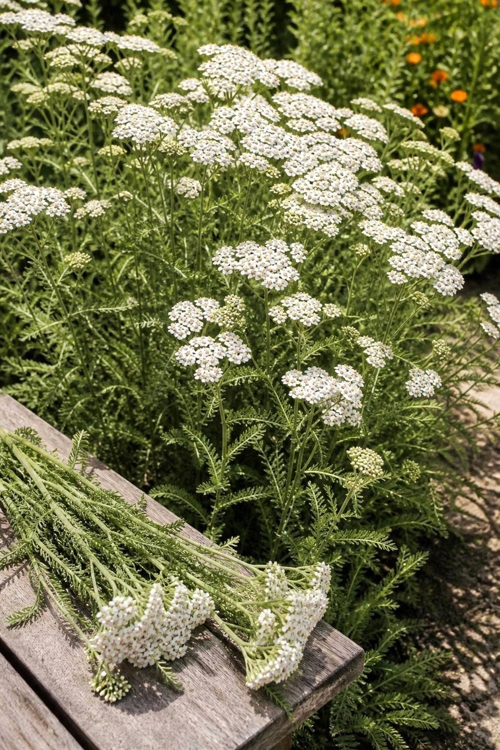 White yarrow flowers in full bloom in a sunny garden bed with feathery green foliage beneath them