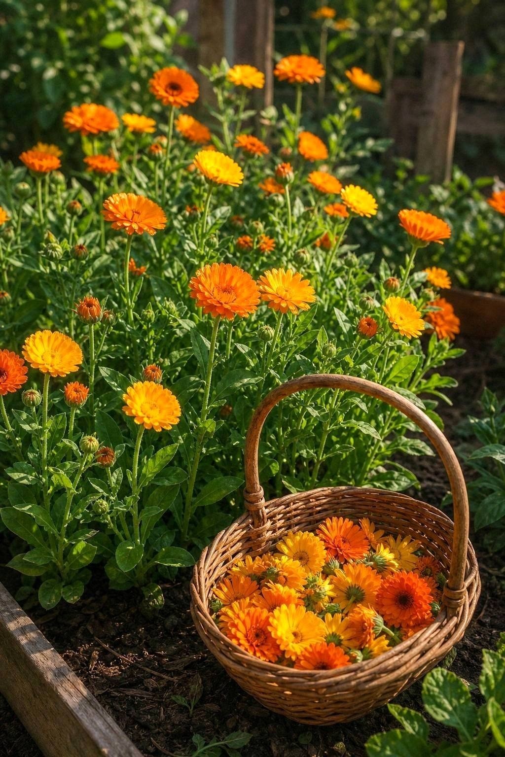 Bright orange calendula flowers in a garden bed with green foliage and a woven harvest basket beside them