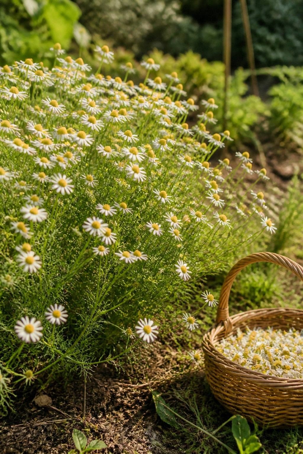 Tiny white chamomile flowers in a sunny garden patch beside a small wicker basket of harvested flowers