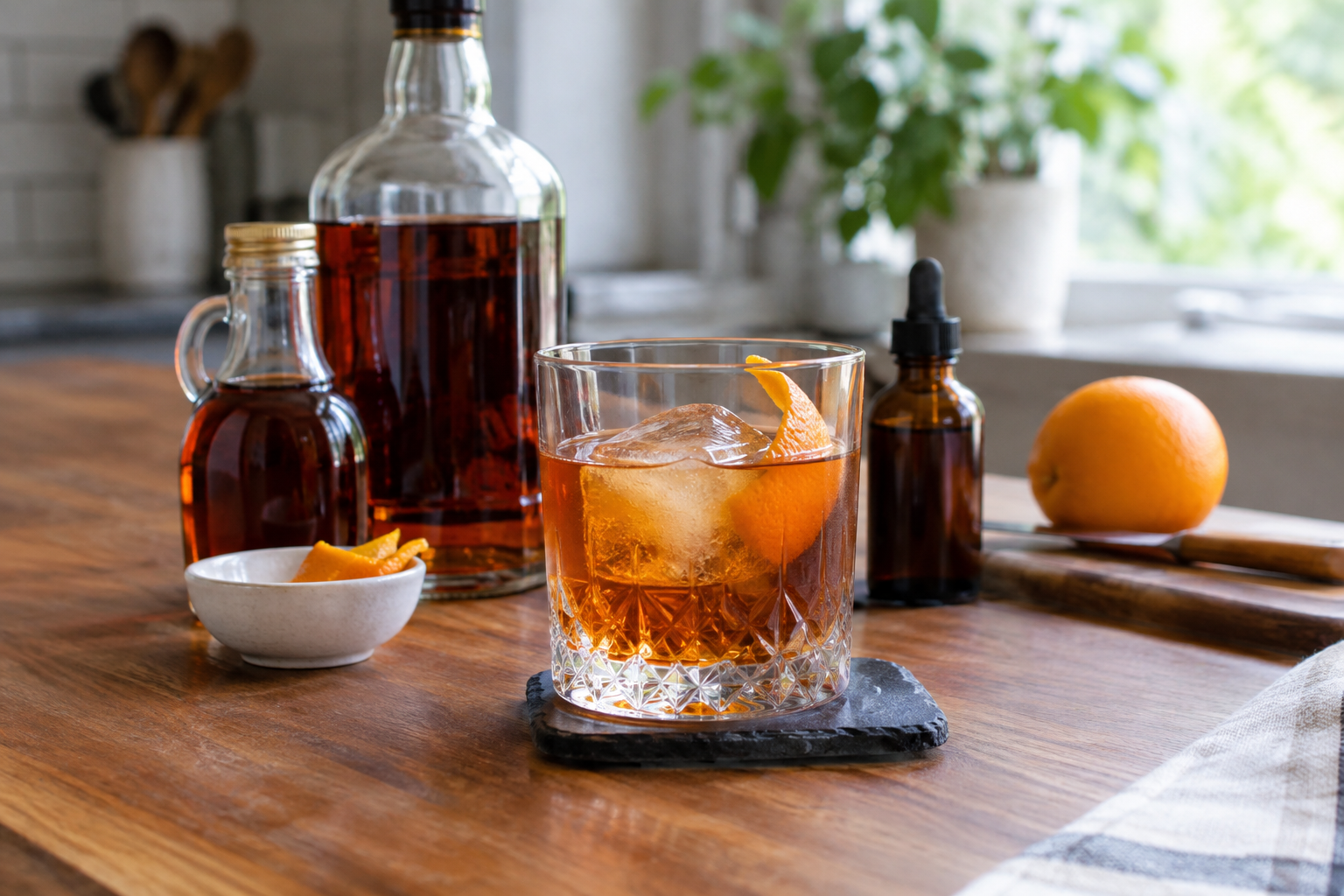 Maple Bourbon Old Fashioned in a rocks glass with large ice cube and orange peel garnish