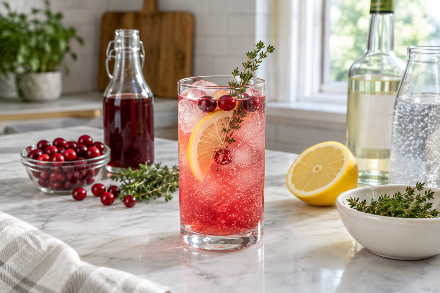 Cranberry Gin Fizz in a glass with thyme sprig and fresh cranberries
