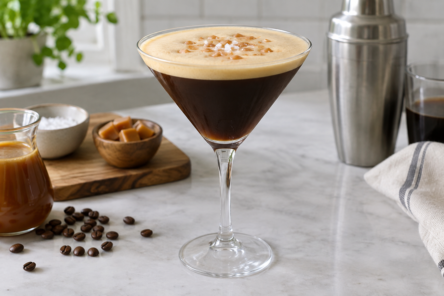 Salted Caramel Espresso Martini in a coupe glass with foam top