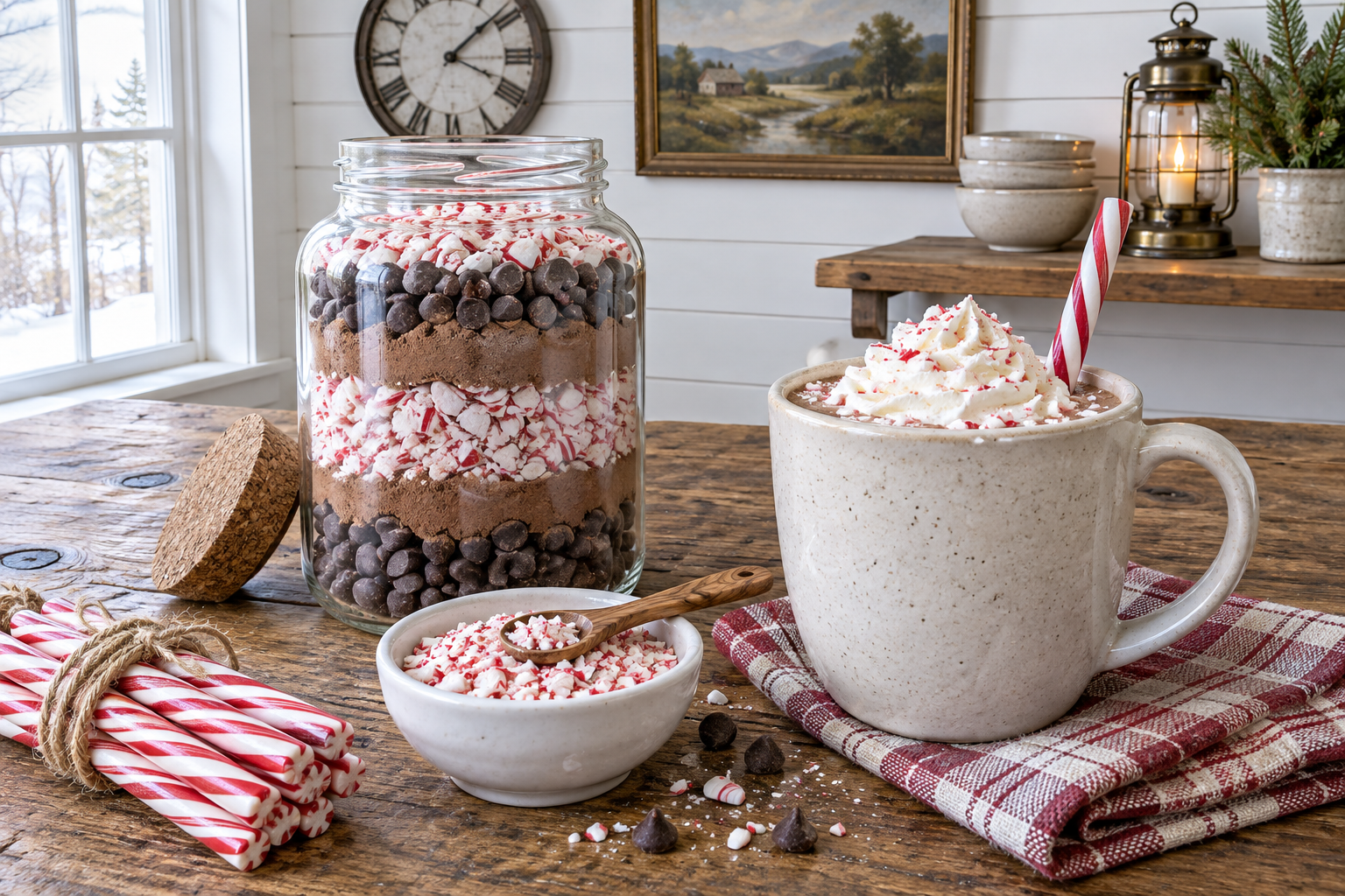 Glass jar filled with dark cocoa powder, chocolate chips, and crushed peppermint candy with whole candy canes on top