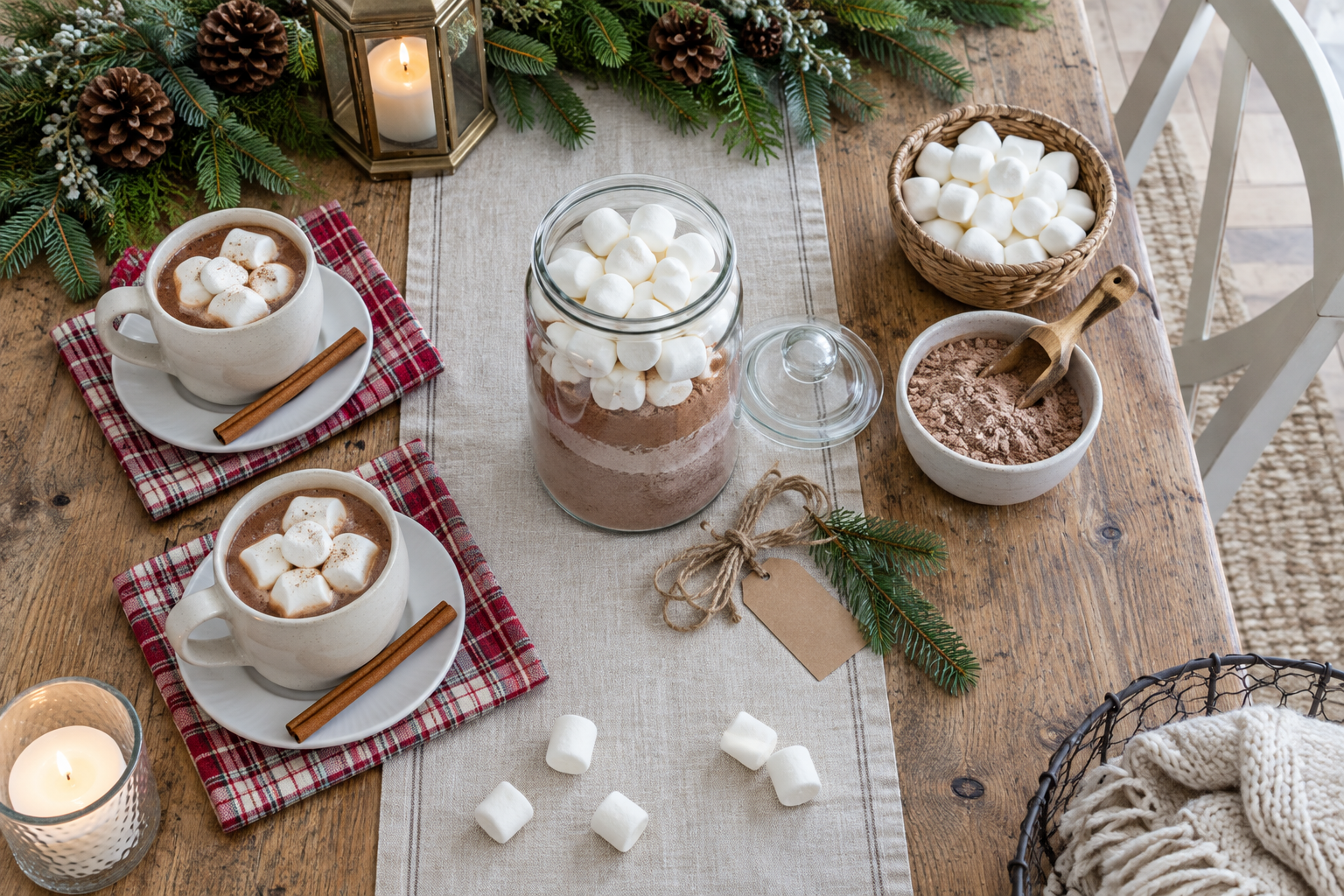 Mason jar filled with cocoa mix topped with mini marshmallows visible through the glass