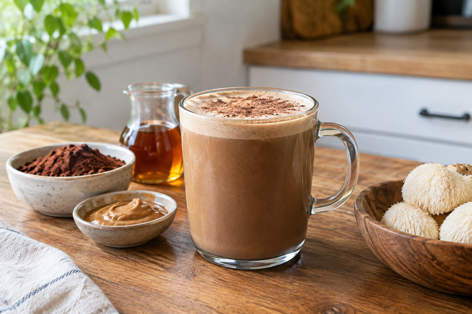 Classic mushroom latte in a white mug topped with cacao powder and cinnamon on a kitchen counter
