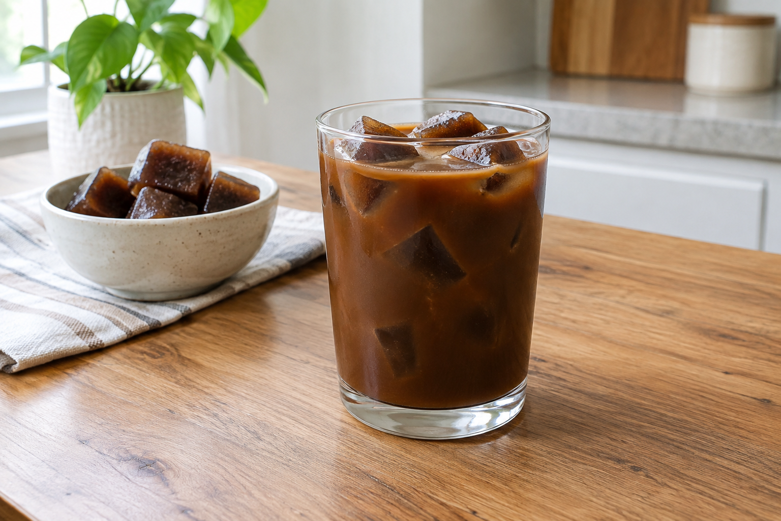 Iced mushroom coffee in a tall glass with coffee ice cubes and a metal straw