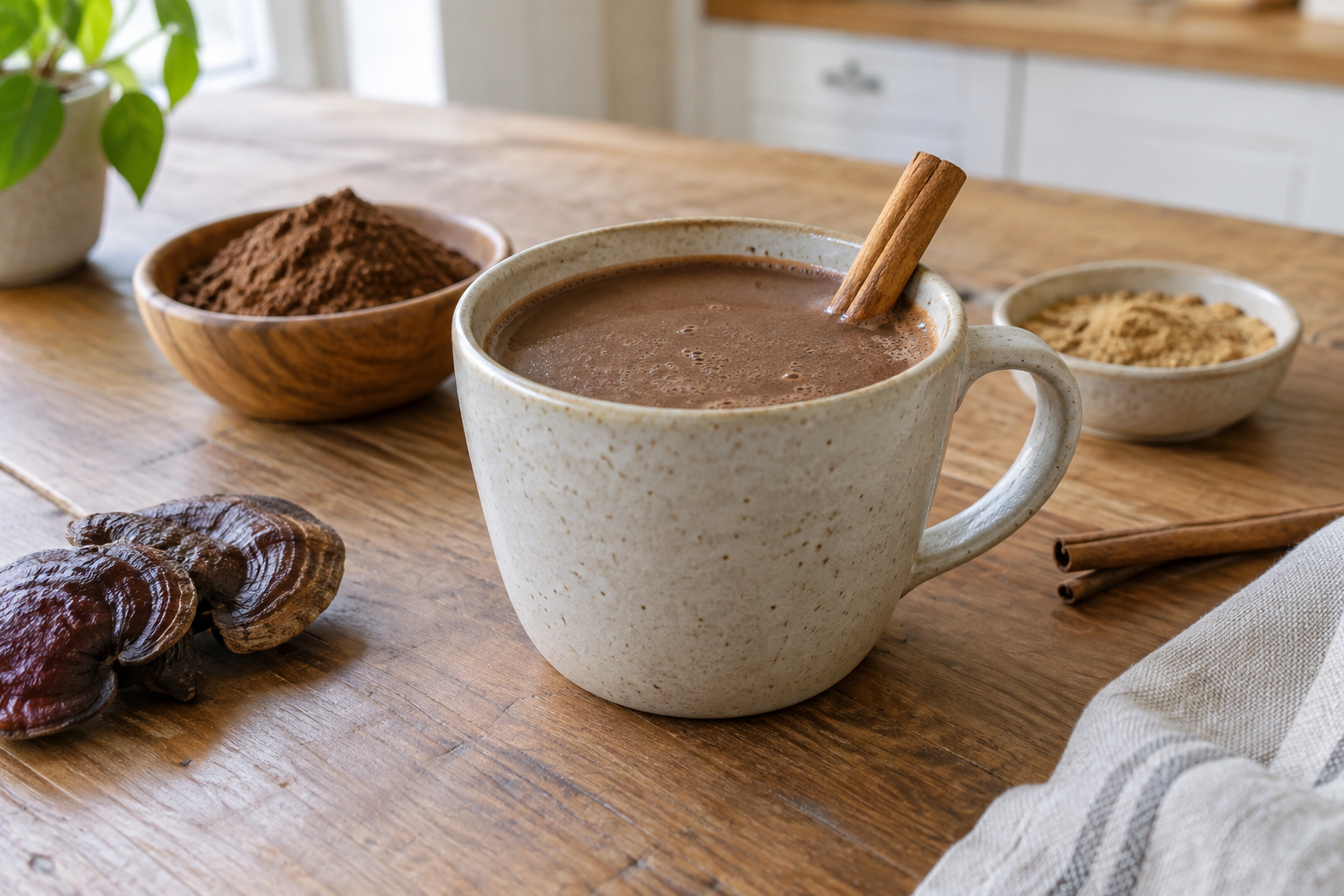Reishi hot chocolate in a ceramic mug with a cinnamon stick and cocoa powder on top