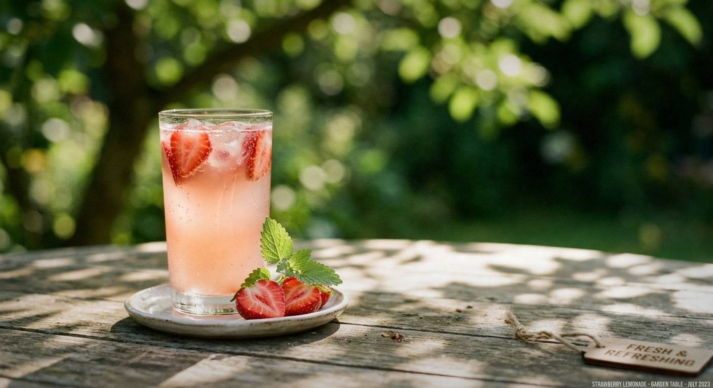 Five strawberry mocktails in clear glasses with ice, fresh herbs, and sliced strawberries on a white marble countertop with bright natural sunlight and condensation on the glasses