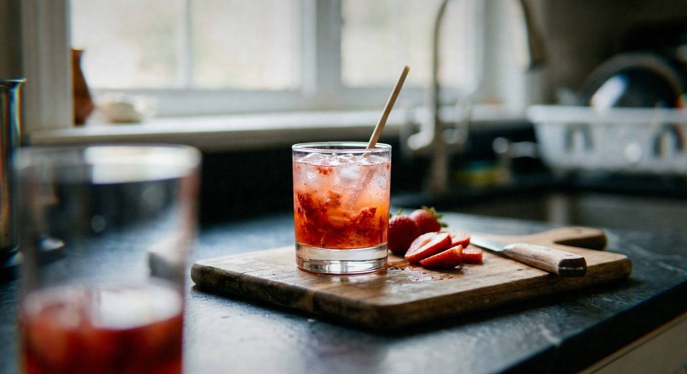 Hands muddling fresh strawberries and basil leaves in a clear glass with a wooden muddler on a bright kitchen counter with sliced strawberries scattered around