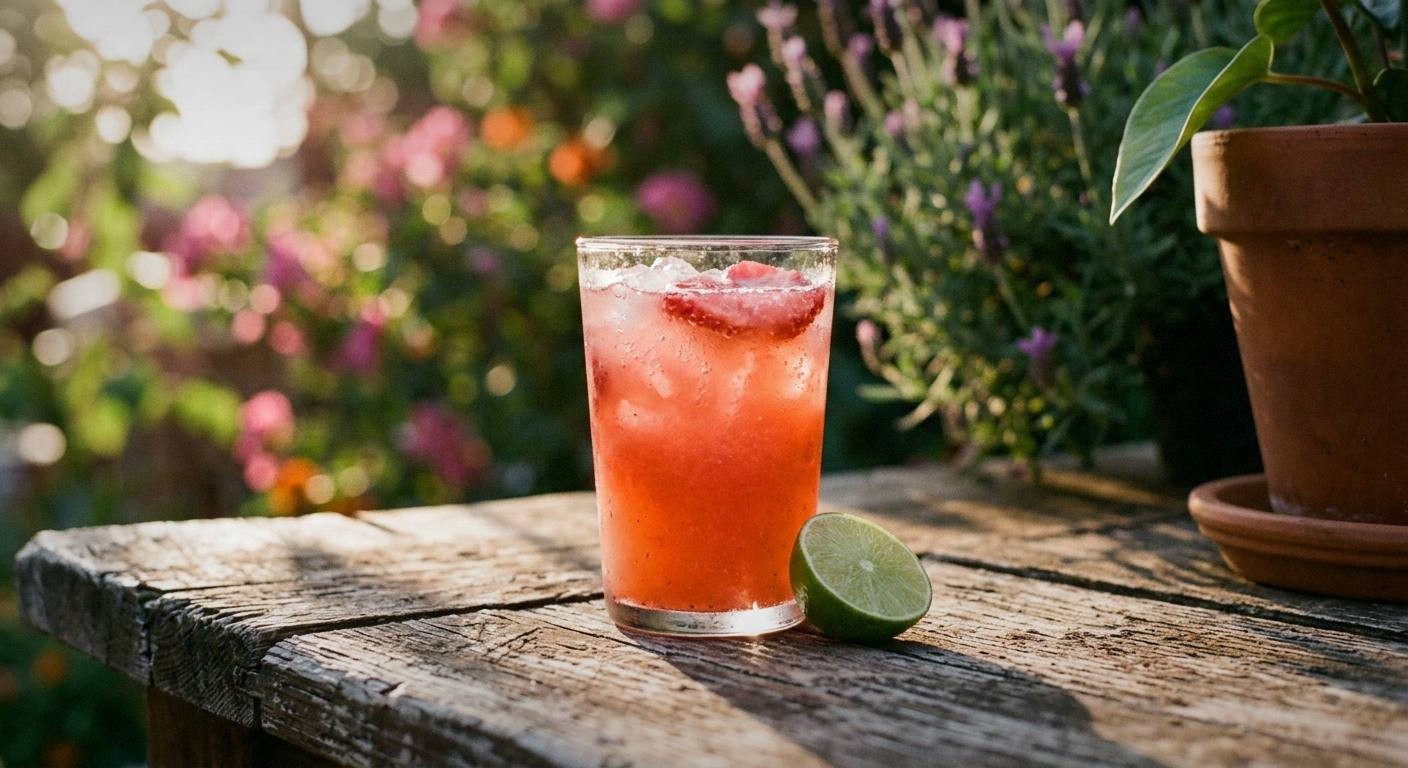 Five finished strawberry mocktails arranged on a wooden tray outdoors with fresh herb garnishes, ice cubes, and strawberry slices, photographed in bright afternoon sunlight with garden greenery in the background