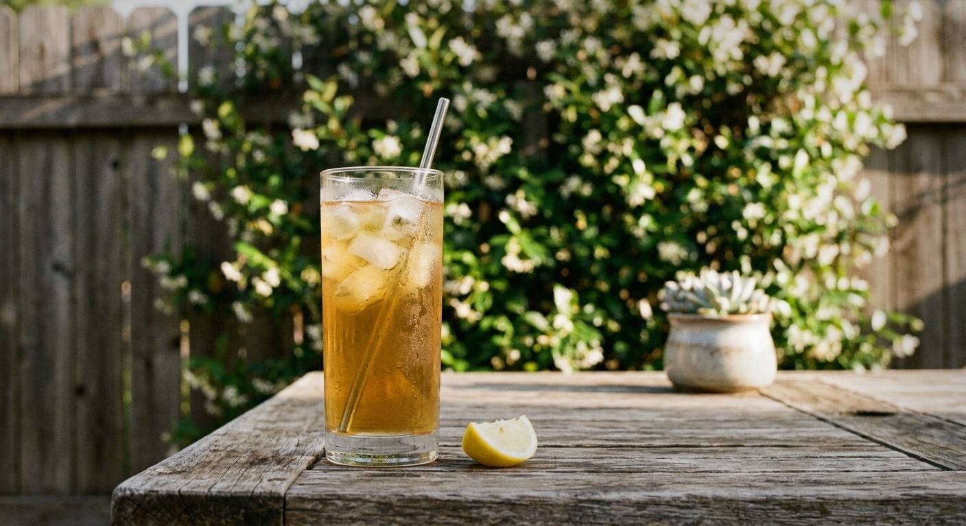 Seven glass pitchers of colorful herbal iced tea recipes including bright red hibiscus tea, green mint tea, and blue butterfly pea flower tea with ice cubes and fresh herb garnishes on outdoor table in spring sunlight