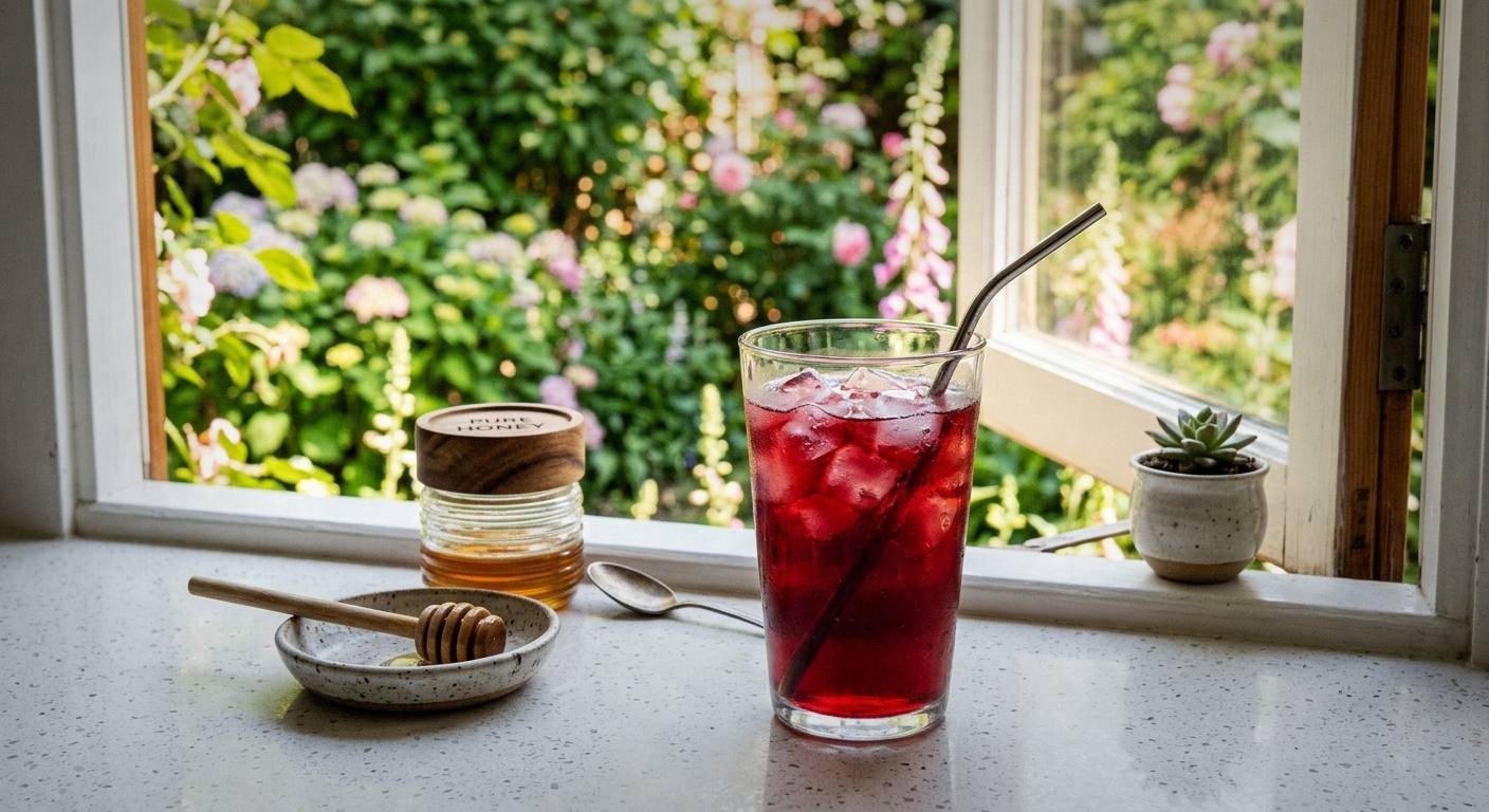 Close-up of cold brewing herbal tea in glass pitcher showing dried hibiscus flowers steeping in cold water with condensation on glass and ice cubes nearby on marble countertop