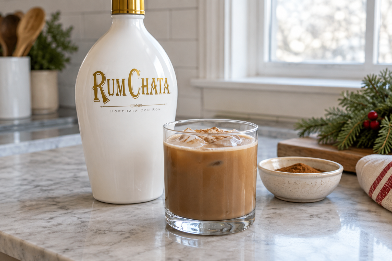 RumChata White Russian in a lowball glass over clear ice showing layered cream and coffee liqueur