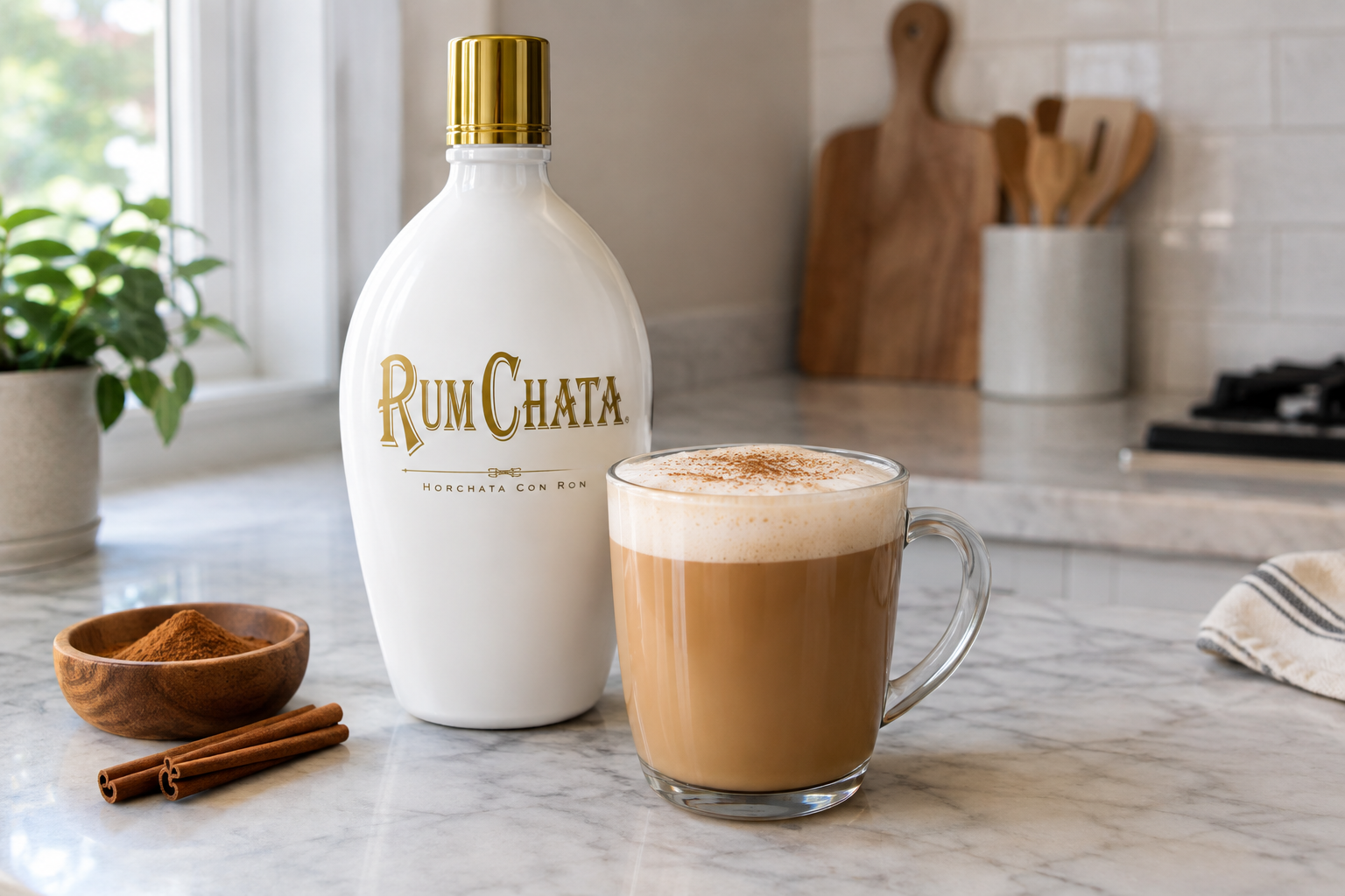 RumChata coffee in a clear mug topped with sweetened whipped cream and cinnamon stick