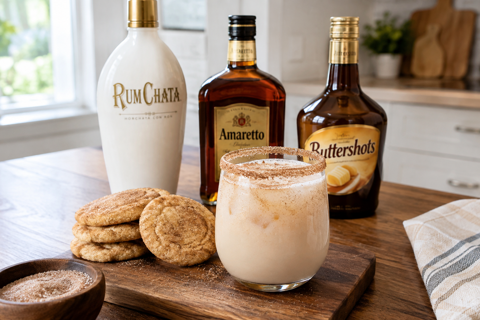 Snickerdoodle cocktail in a coupe glass with cinnamon-sugar rim and cream-colored drink