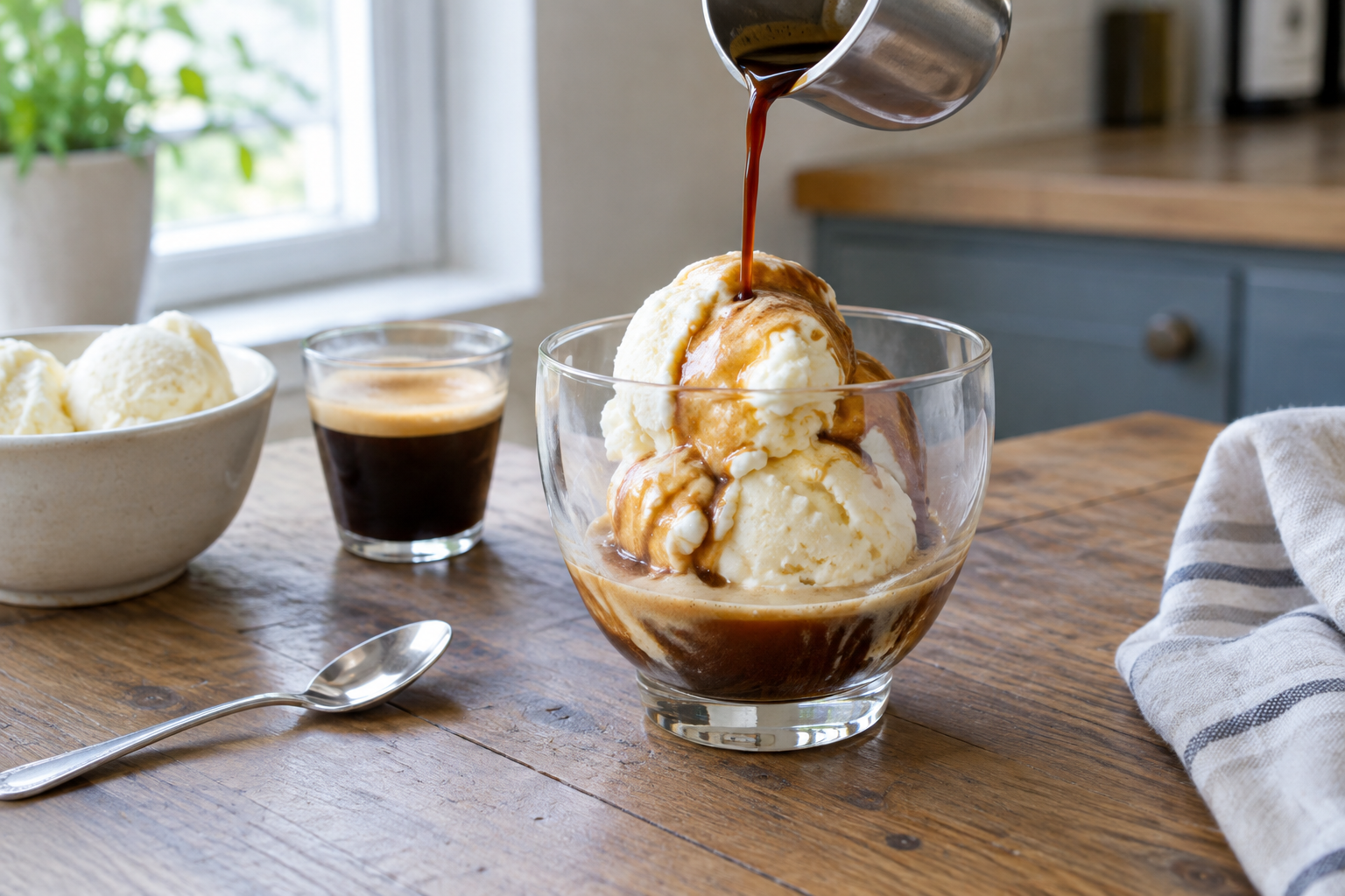 Hot espresso poured over vanilla gelato in a clear glass bowl, ice cream beginning to melt into creamy puddle