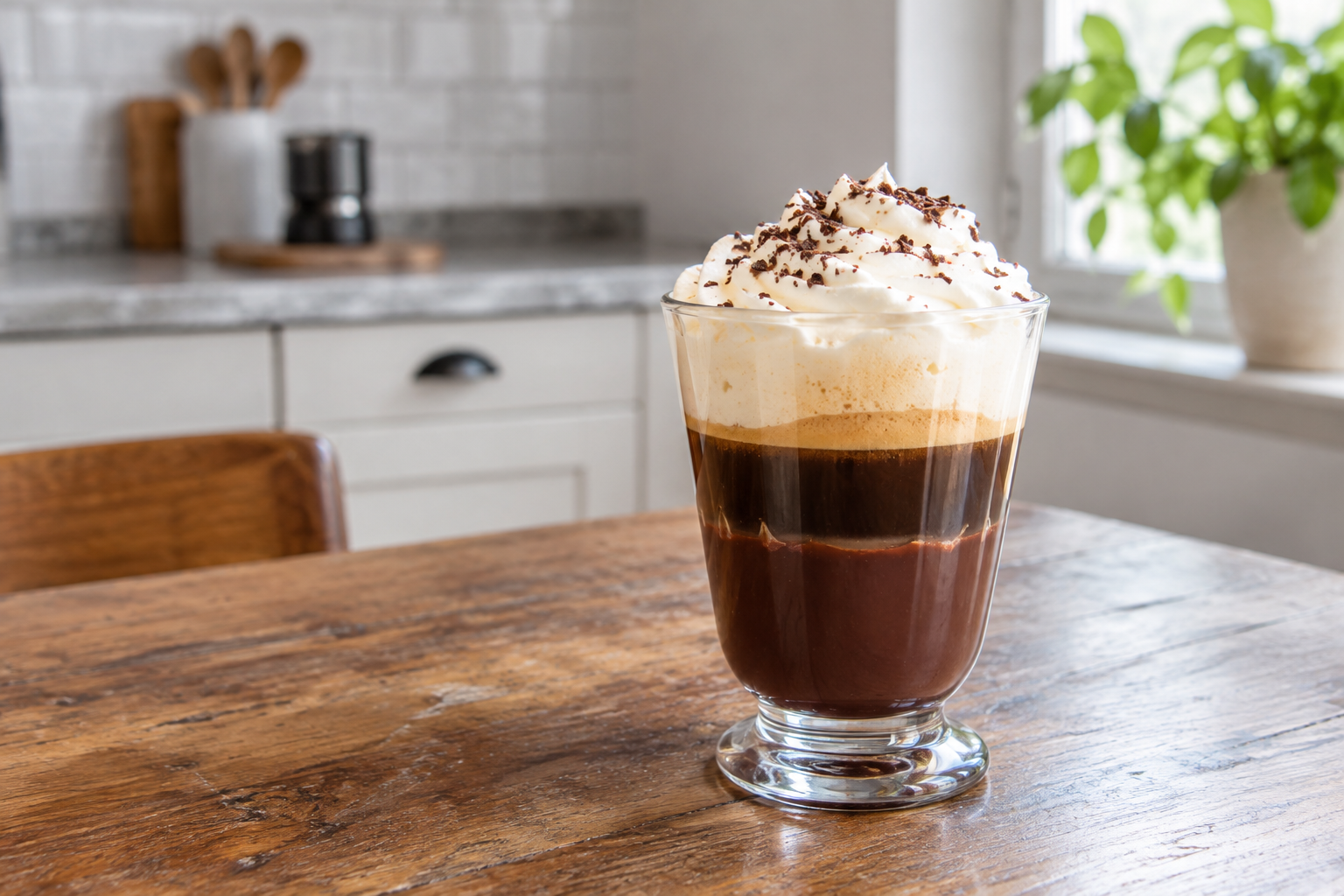 Layered bicerin in a clear glass showing distinct layers of dark chocolate, espresso, and whipped cream topped with hazelnuts