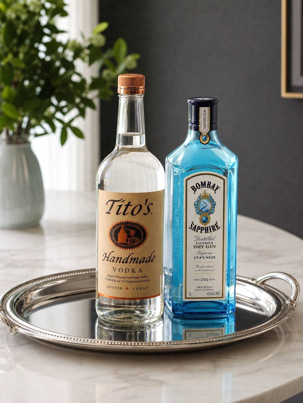 round silver bar tray on a wooden bar top with two coupe glasses and a small bowl of citrus