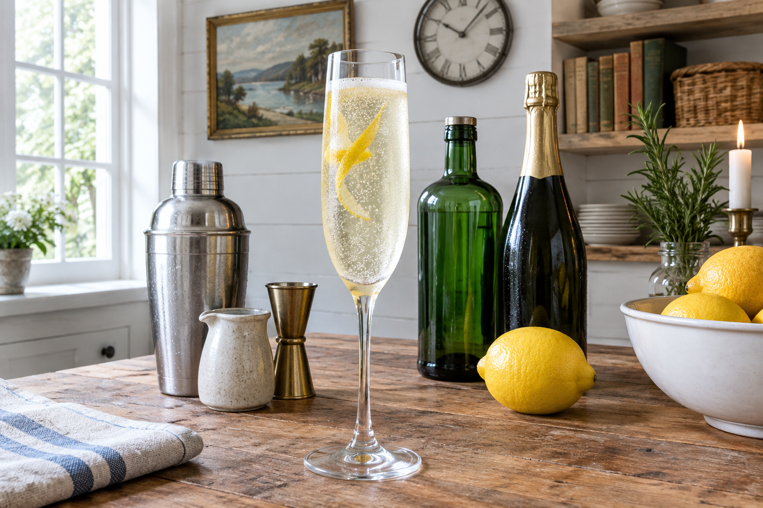 French 75 in a champagne flute with a long lemon peel twist curled inside the glass