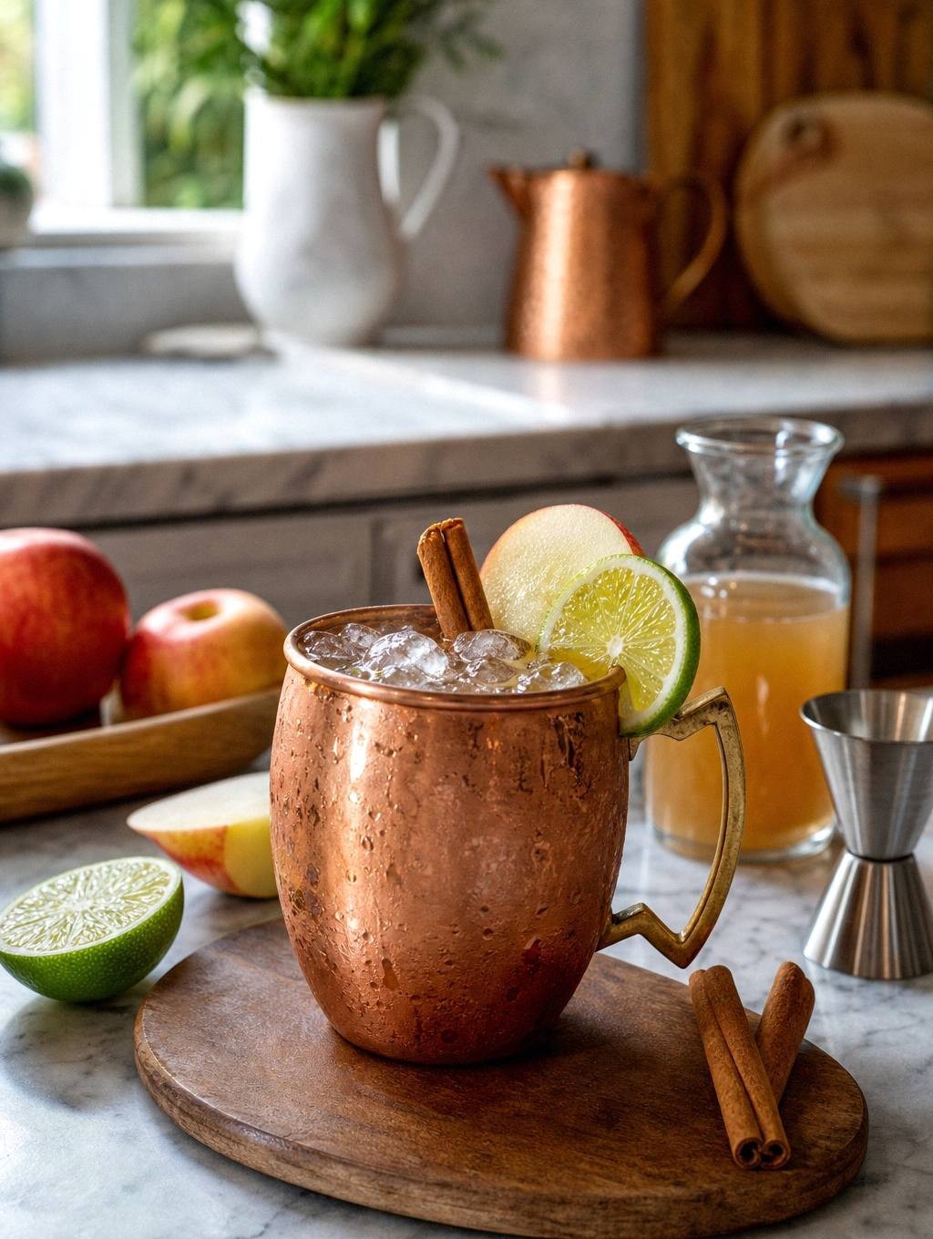 Apple cider Moscow mule in copper mug with ice and ginger beer foam