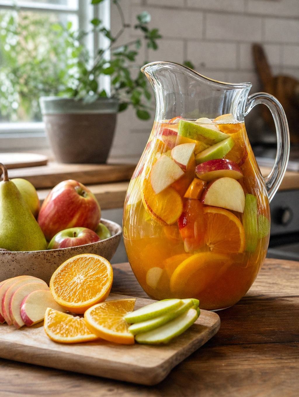 Fall sangria in pitcher with apple and orange slices floating in it