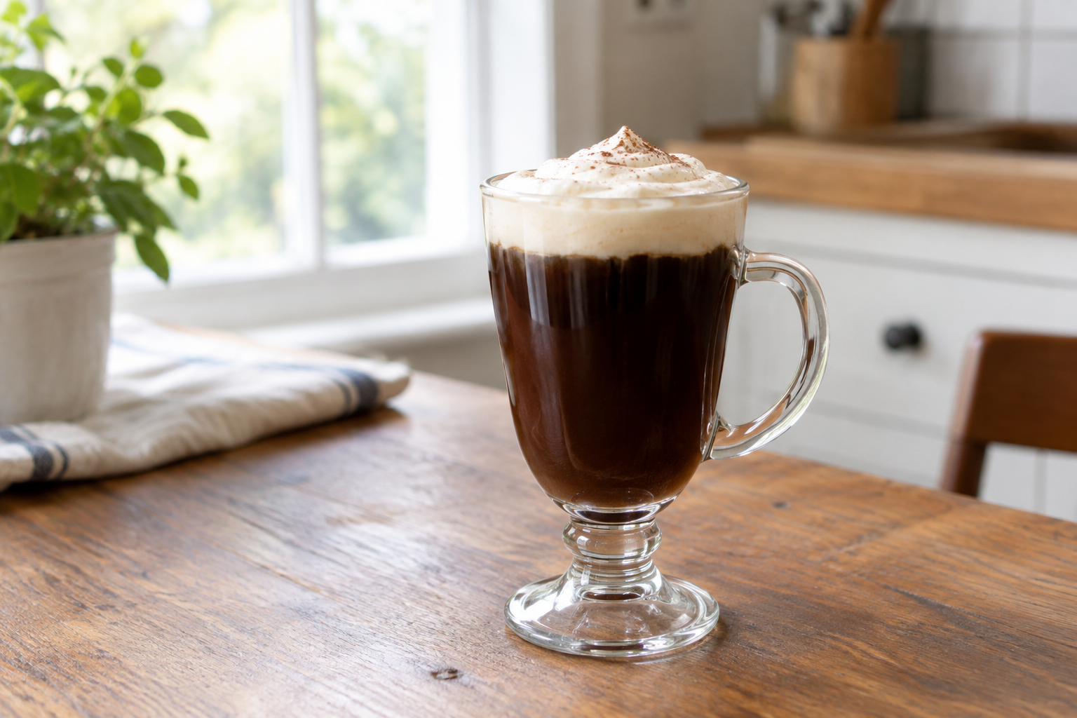 Irish Coffee in clear glass mug on kitchen counter, cream floating on top of dark coffee, small bowl of whipped cream and nutmeg grinder beside it