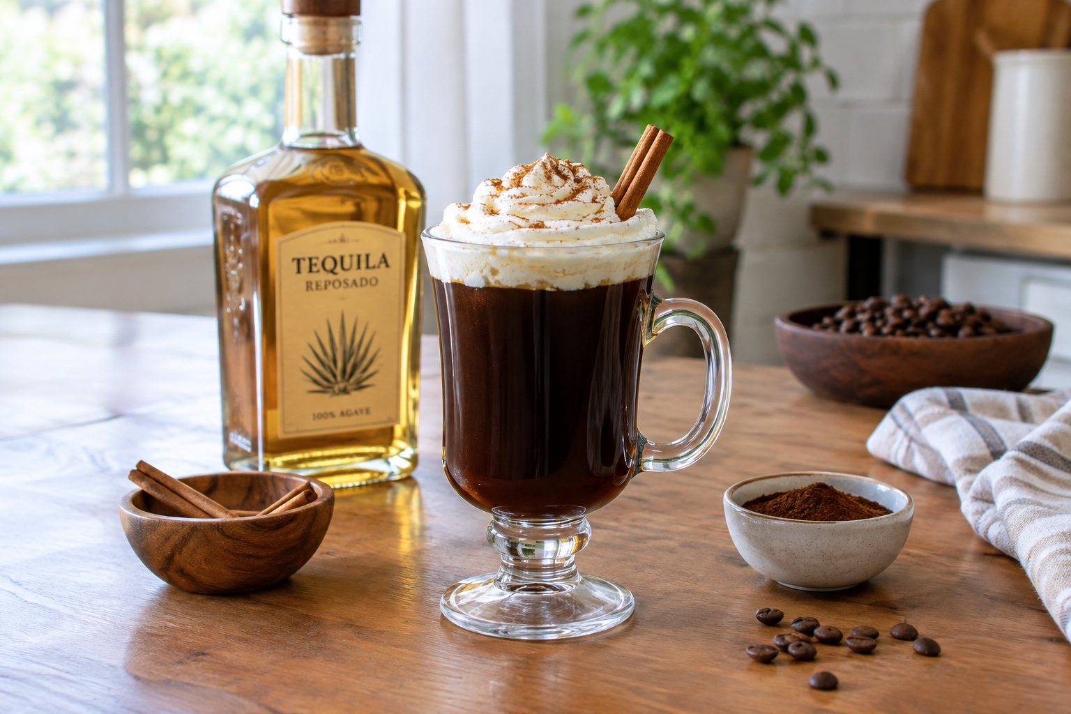 Mexican Coffee in glass mug on wooden table, cream layer on top, bottle of reposado tequila and coffee liqueur in background
