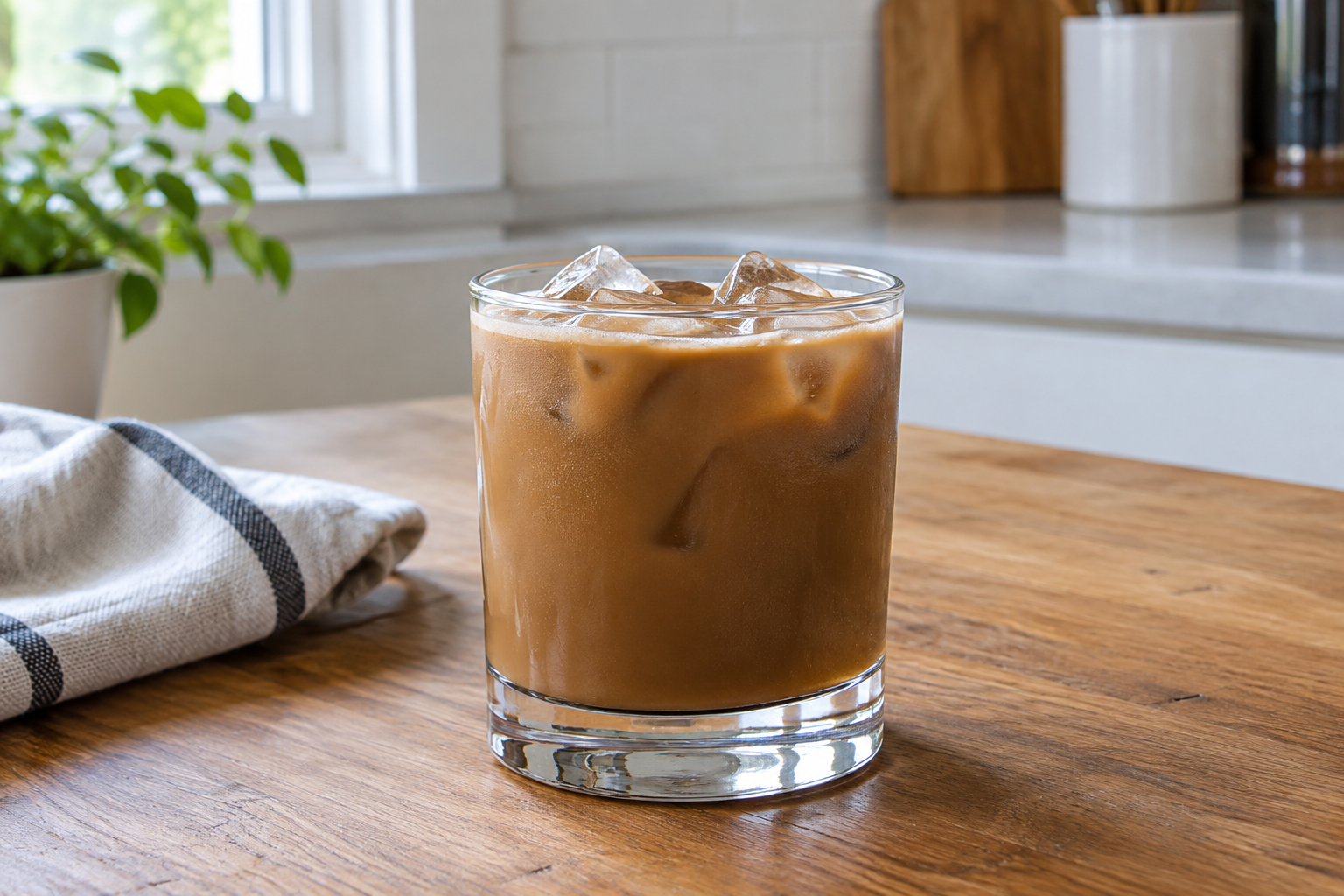 White Russian in rocks glass filled with ice, cream swirling through dark coffee liqueur, vodka bottle on counter behind glass