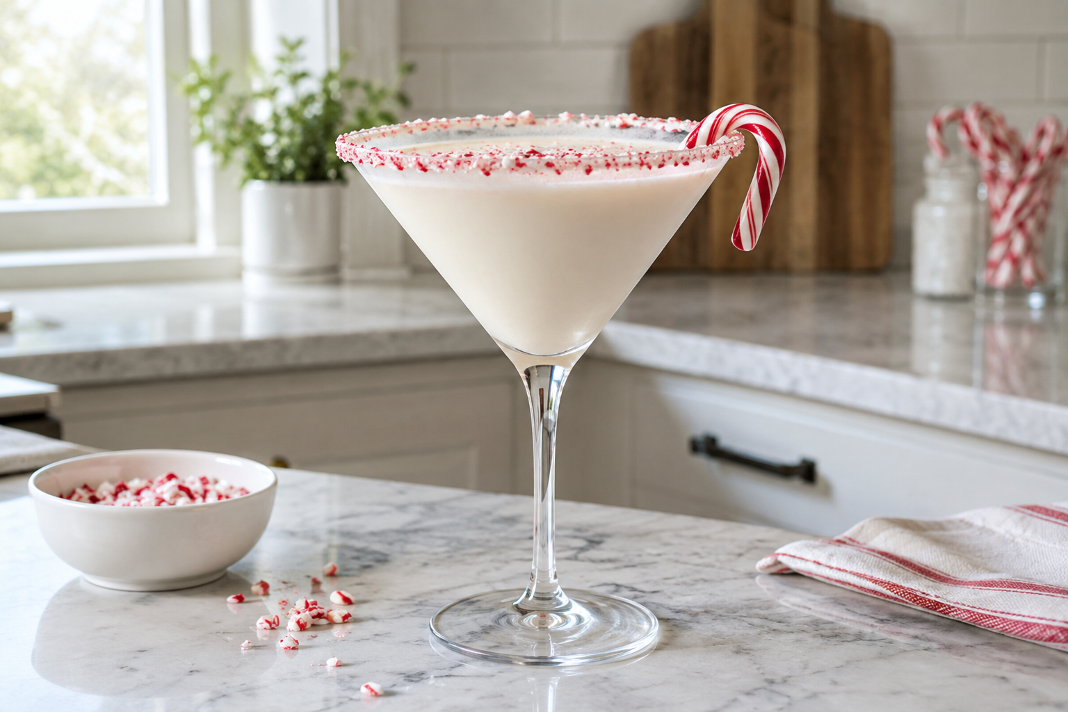 Peppermint martini in a glass with crushed candy cane rim and white chocolate finish