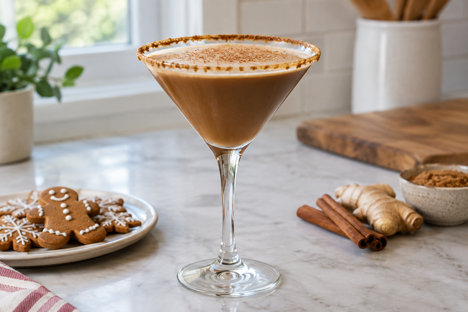 Gingerbread martini in a glass with creamy brown color and cinnamon stick garnish