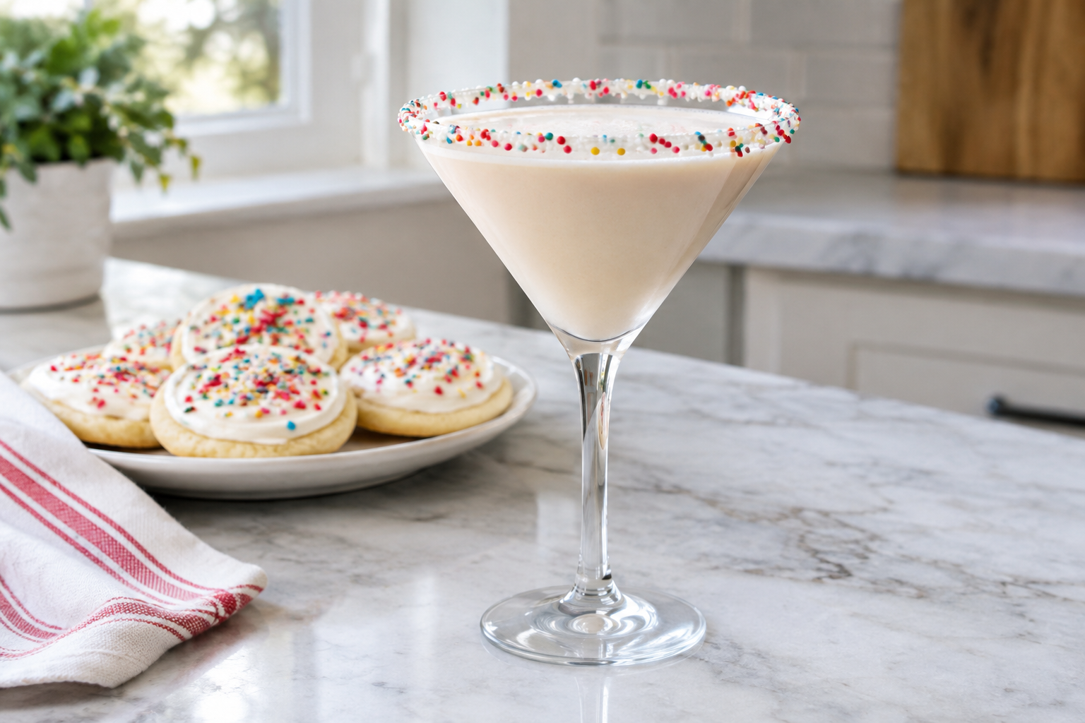 Sugar cookie martini with frosting rim covered in colorful sprinkles