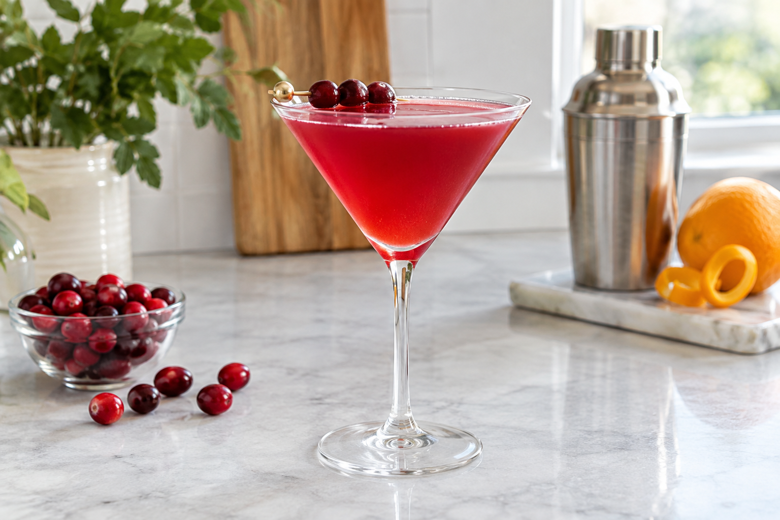 Cranberry martini in a glass showing bright red color and clear liquid