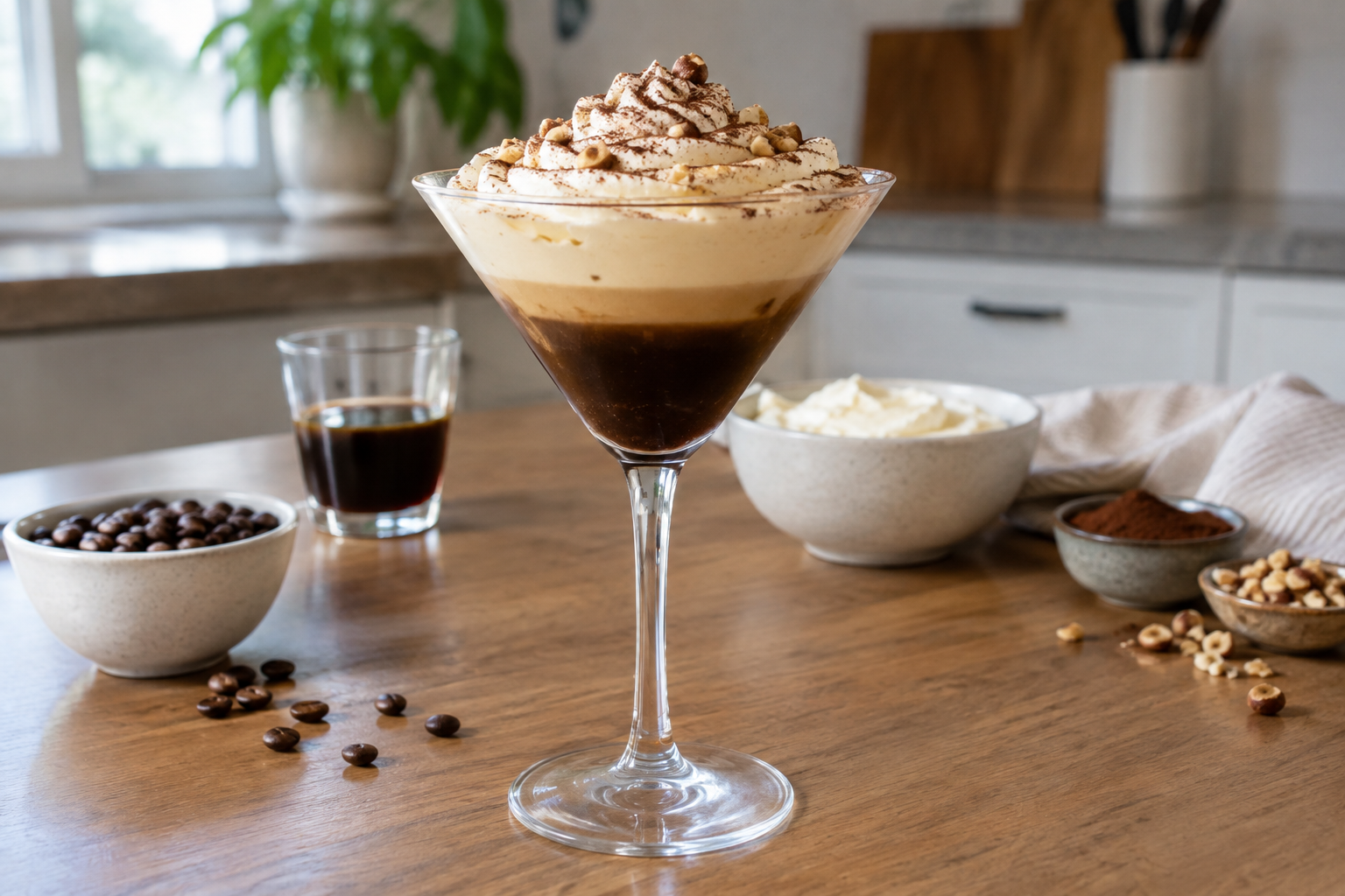 Tiramisu martini topped with whipped mascarpone and cocoa powder dusting