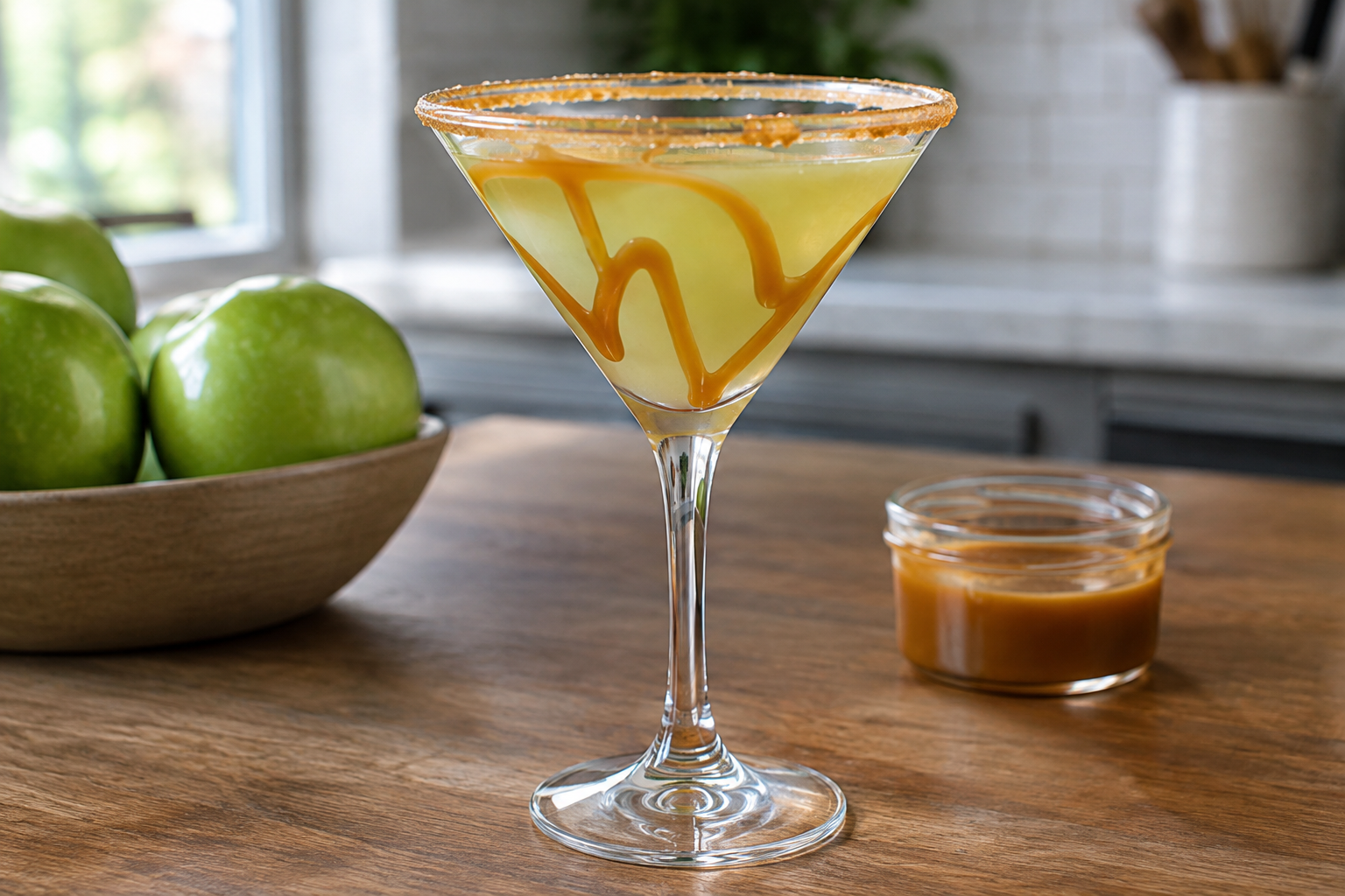 Caramel apple martini in a glass with caramel drizzle on the inside
