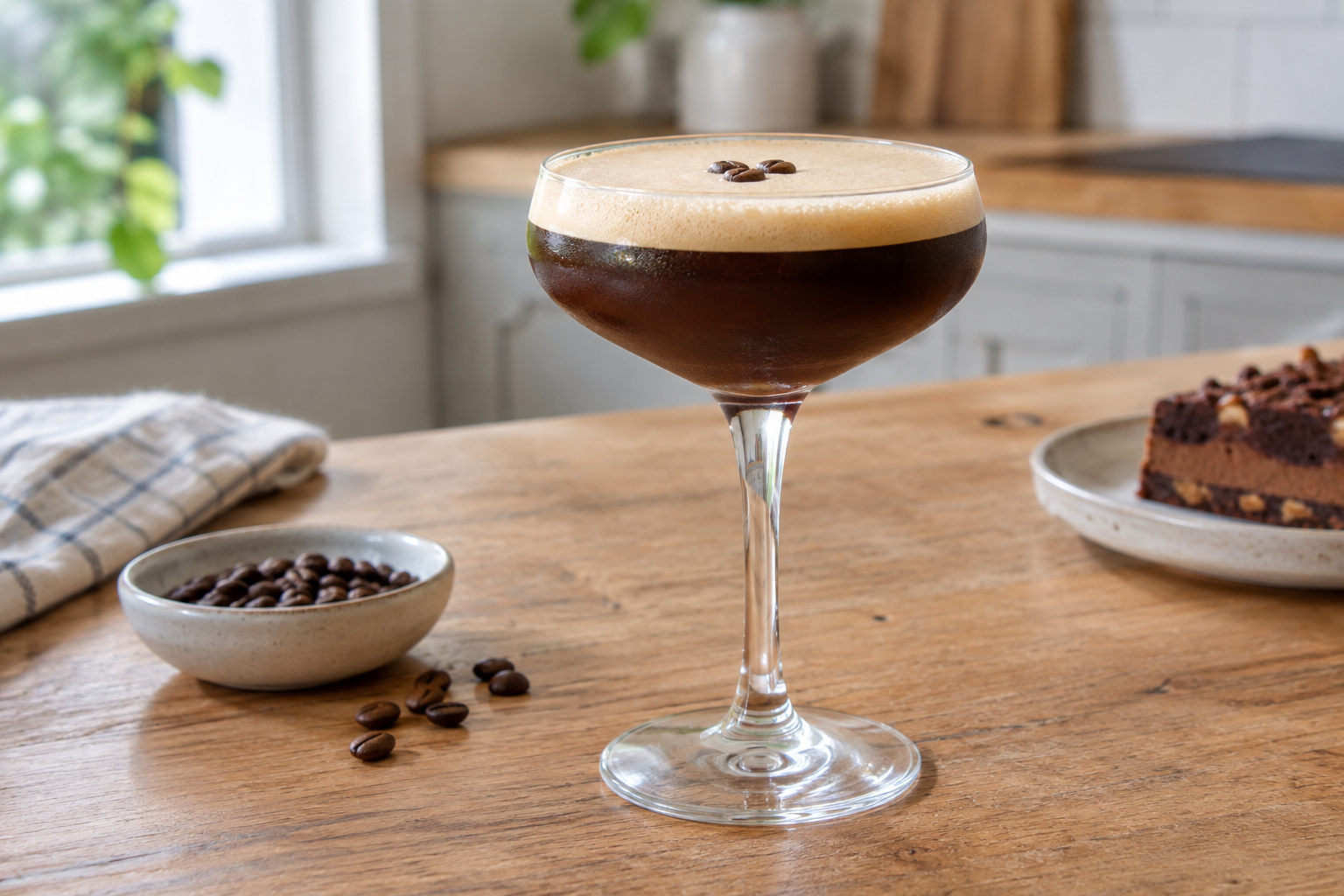 Espresso martini in a glass with creamy foam layer on top