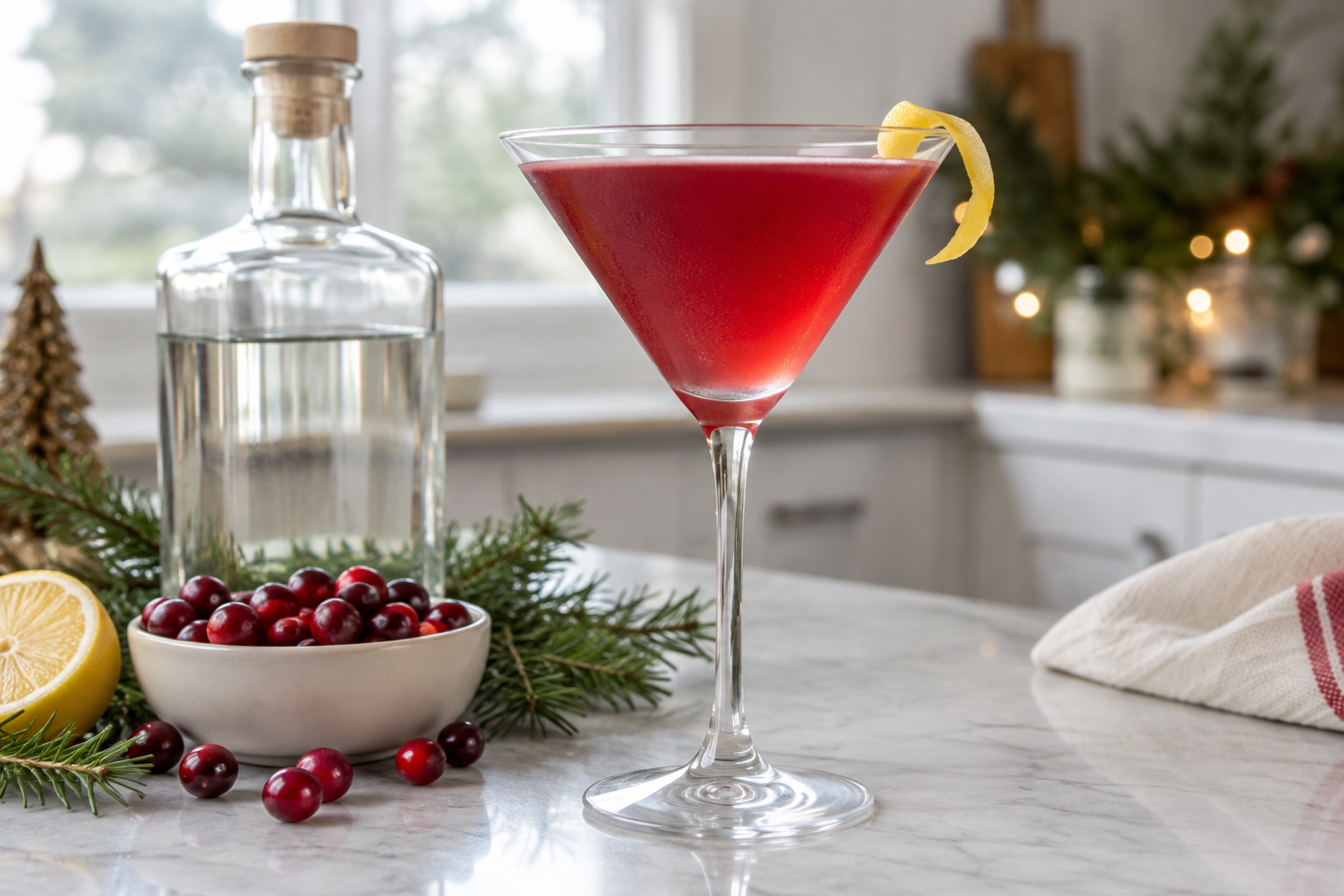 Cranberry gin martini in a glass with lemon peel twist garnish
