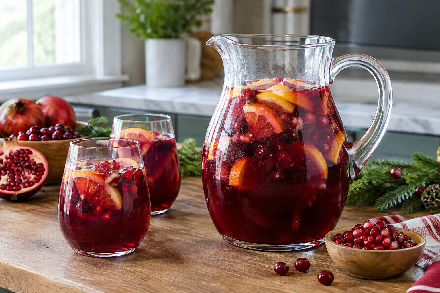 Glass of cranberry pomegranate red wine sangria with fresh fruit and cinnamon stick on a kitchen counter