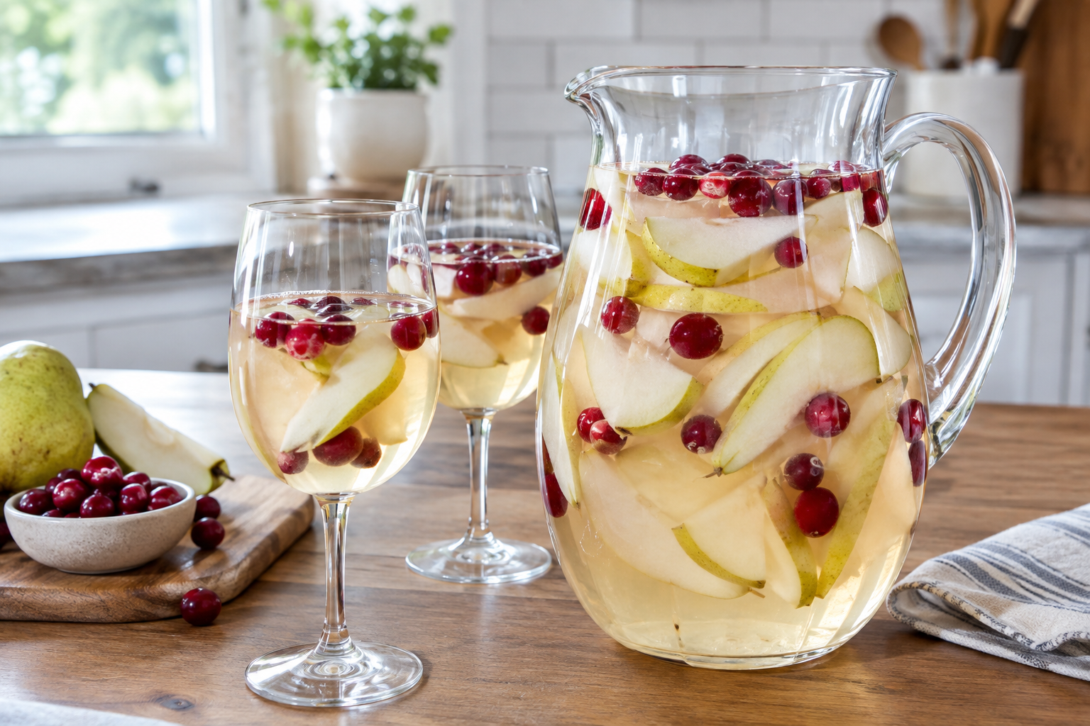White Christmas sangria in a clear pitcher with pear slices, cranberries, and rosemary sprigs