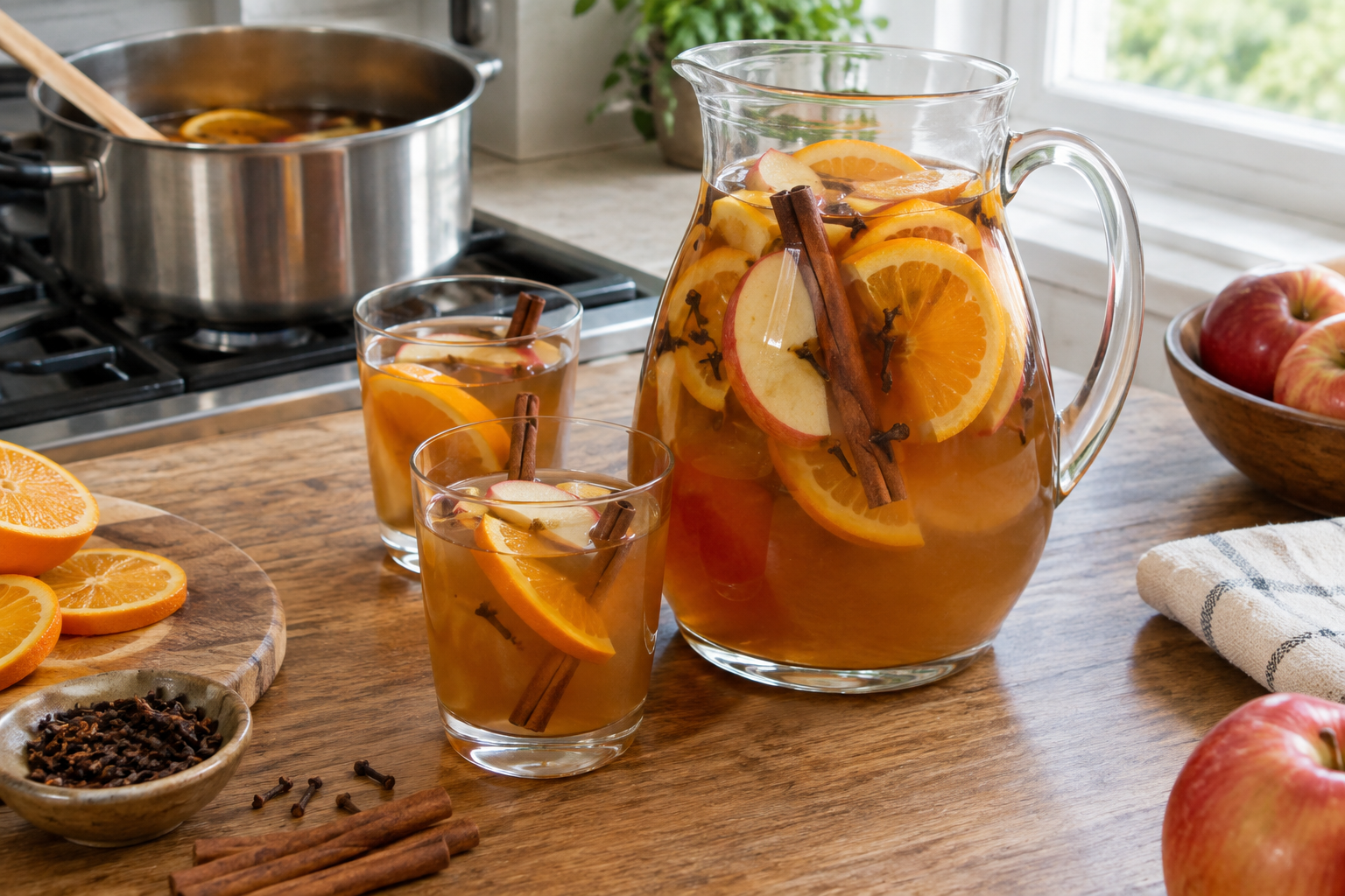 Spiced apple cider sangria in glasses with apple slices and cinnamon sticks on a wooden table