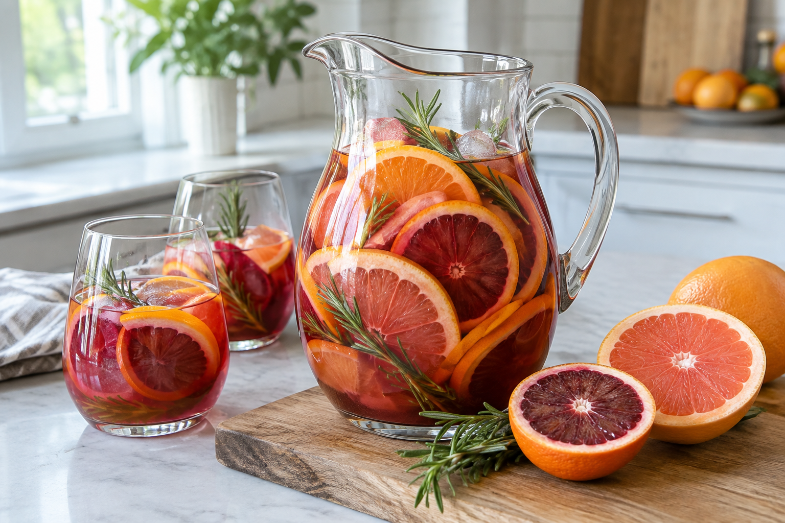 Rosemary citrus sangria with blood orange and grapefruit slices in a glass pitcher
