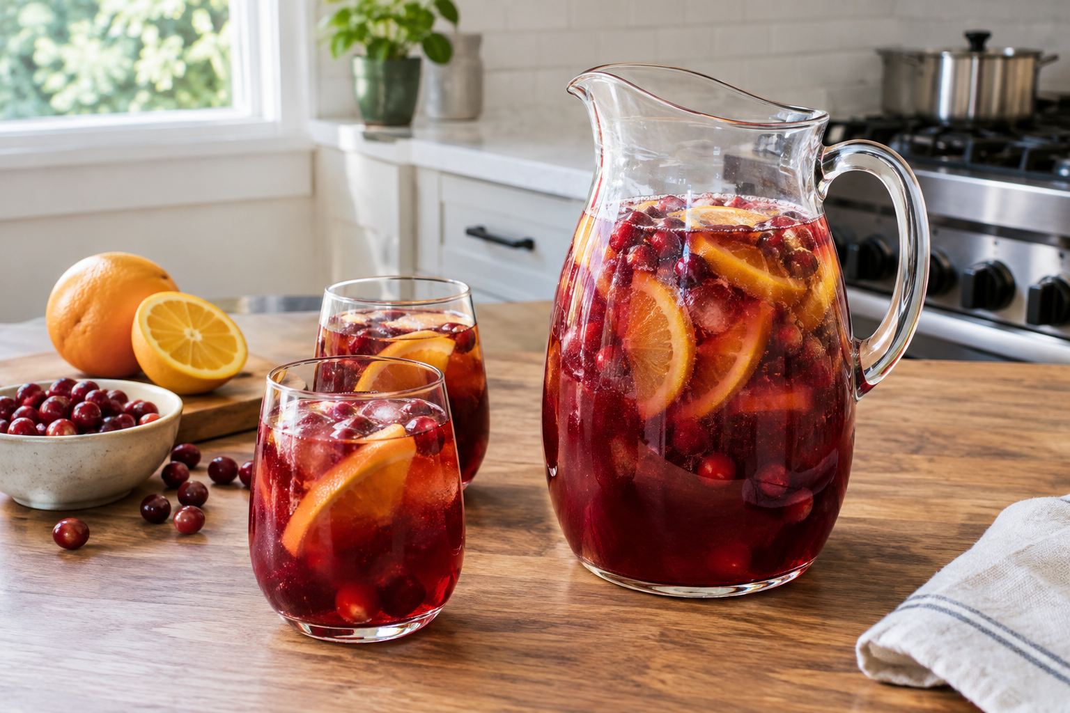 Sparkling cranberry orange sangria in champagne flutes with fresh cranberries and orange wheels