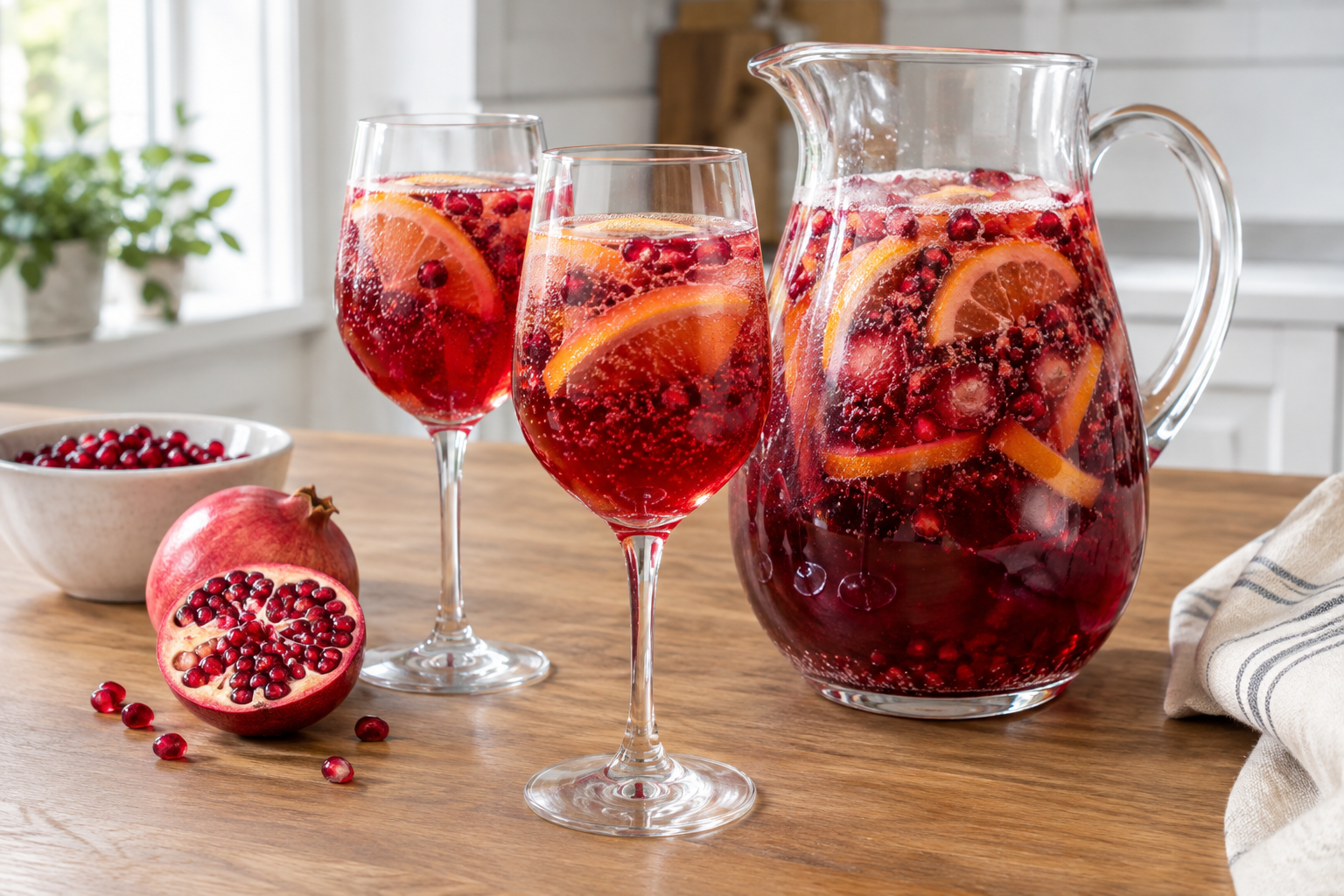 Sparkling pomegranate sangria in a wine glass with pomegranate arils and bubbles rising